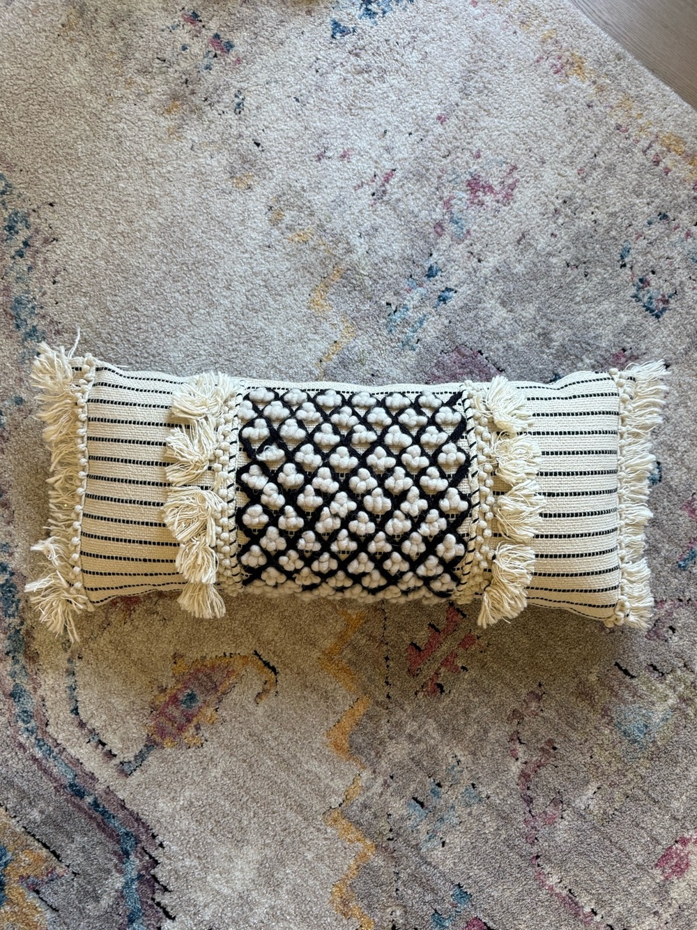 Anthropologie Decorative Black and Cream Textured Lumbar Pillow with Tassels